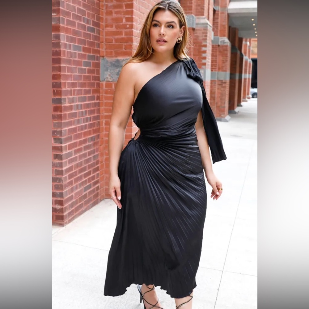 Rebdolls Makena Satin Pleated Asymmetrical Midi Bodycon Dress Black